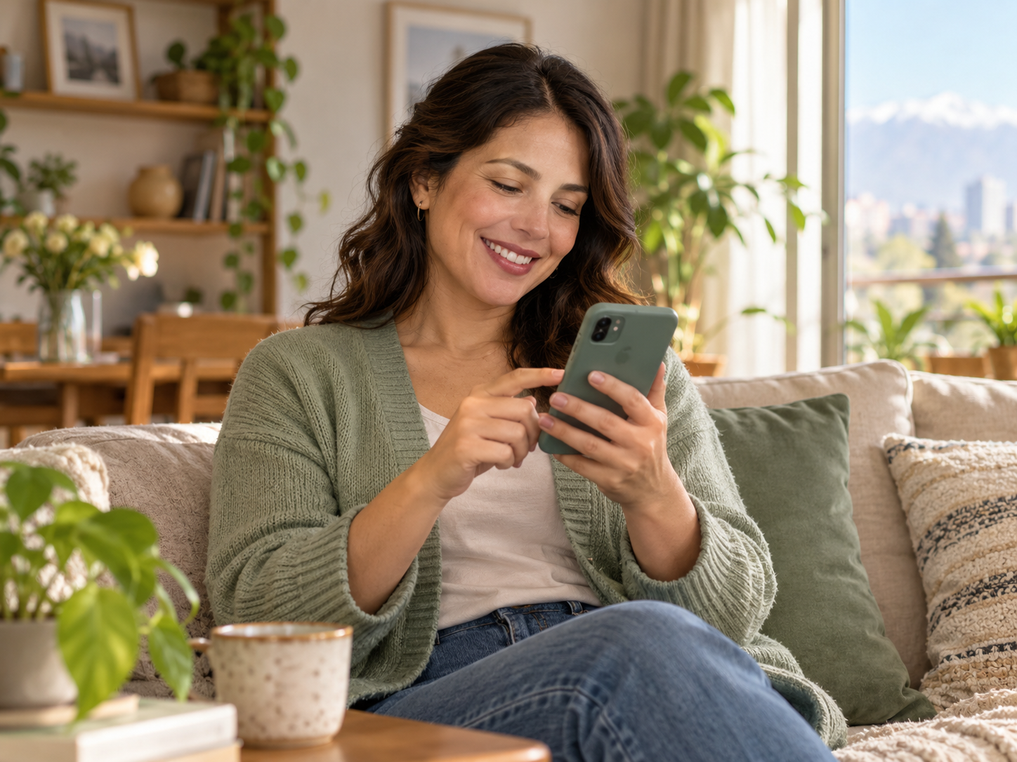 Persona sonriente usando un celular para mantenerse conectada
