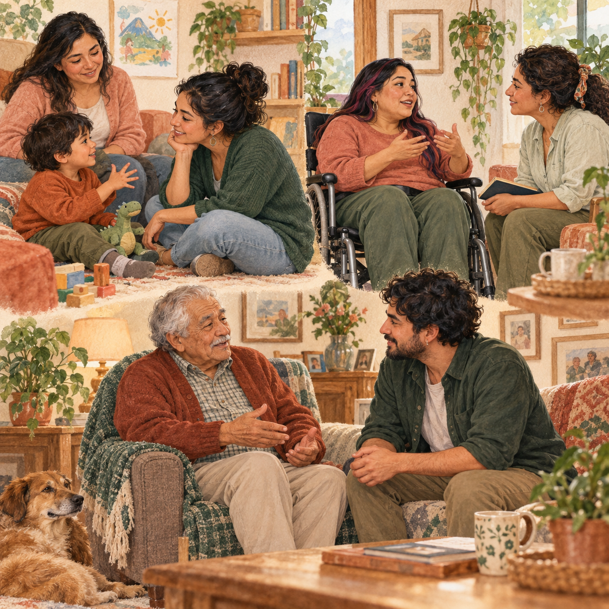 Ilustración de acompañamiento respetuoso a un niño, una mujer adulta en silla de ruedas y un hombre mayor en sus hogares.
