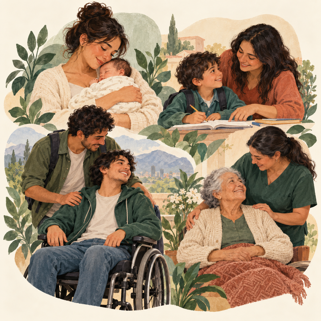Ilustración de acompañamiento y cuidados en distintas etapas de la vida