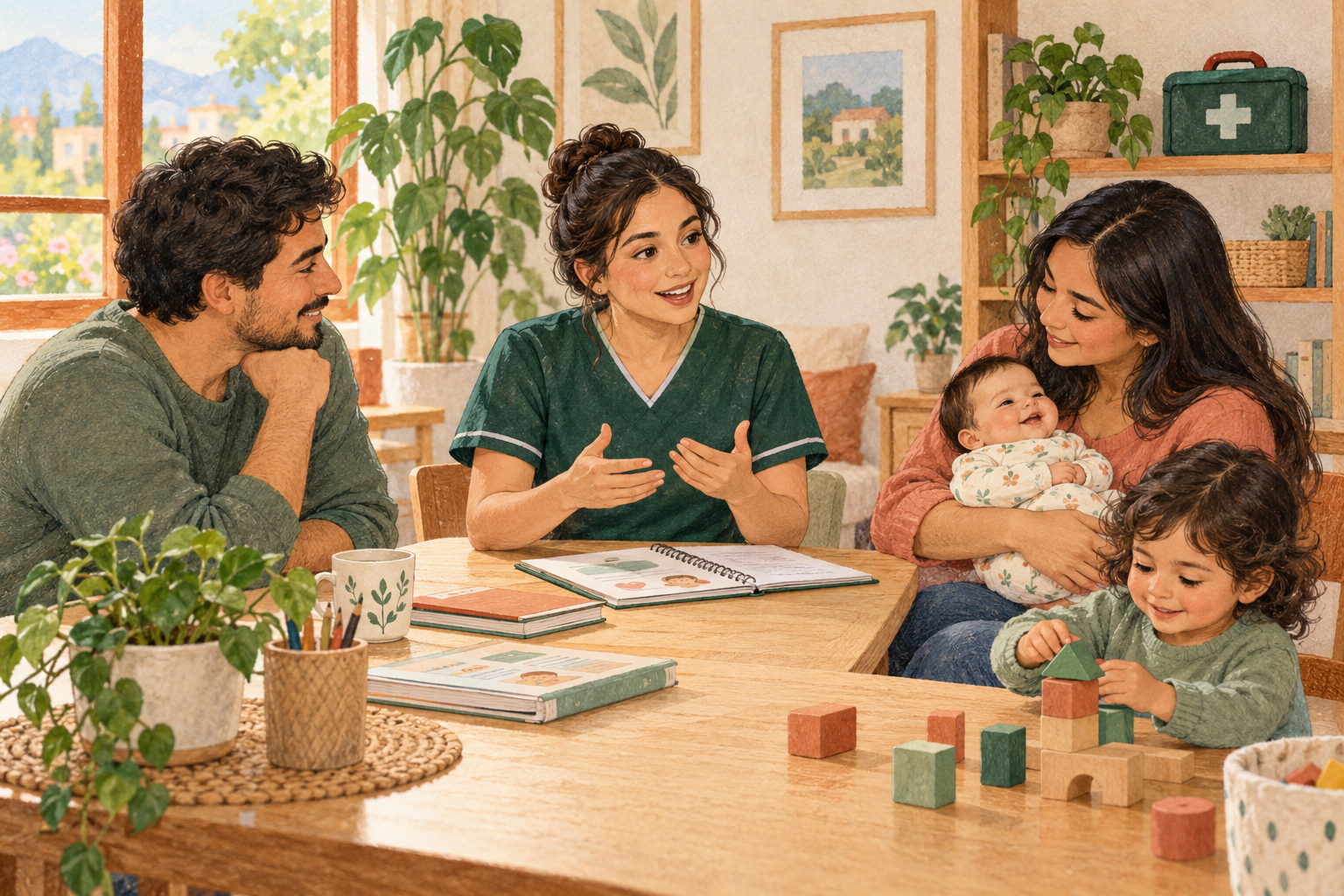 Ilustración de una profesional de enfermería orientando a una familia con un bebé y un niño